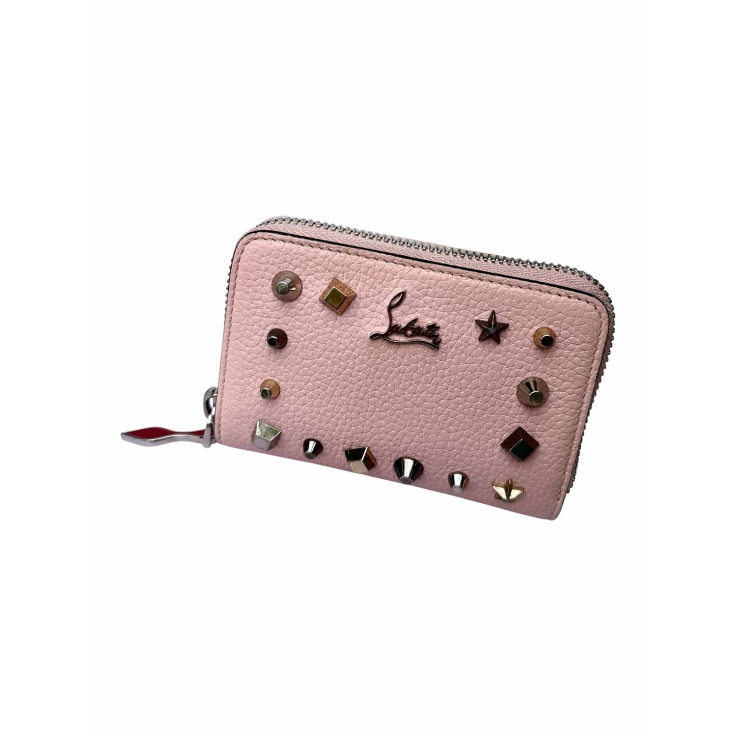 Christian Louboutin Blush Pink Studded Zip Around Coin Card Wallet W/Red Charm
