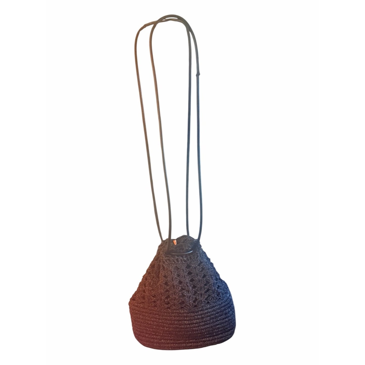 BTB Los Angeles Black Raffia Crochet Bucket Bag Lined Leather Strap Boho Tote