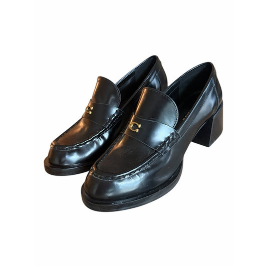 Coach Natalie Leather Loafer Heels Black Size 9 NIB Gold C Hardware
