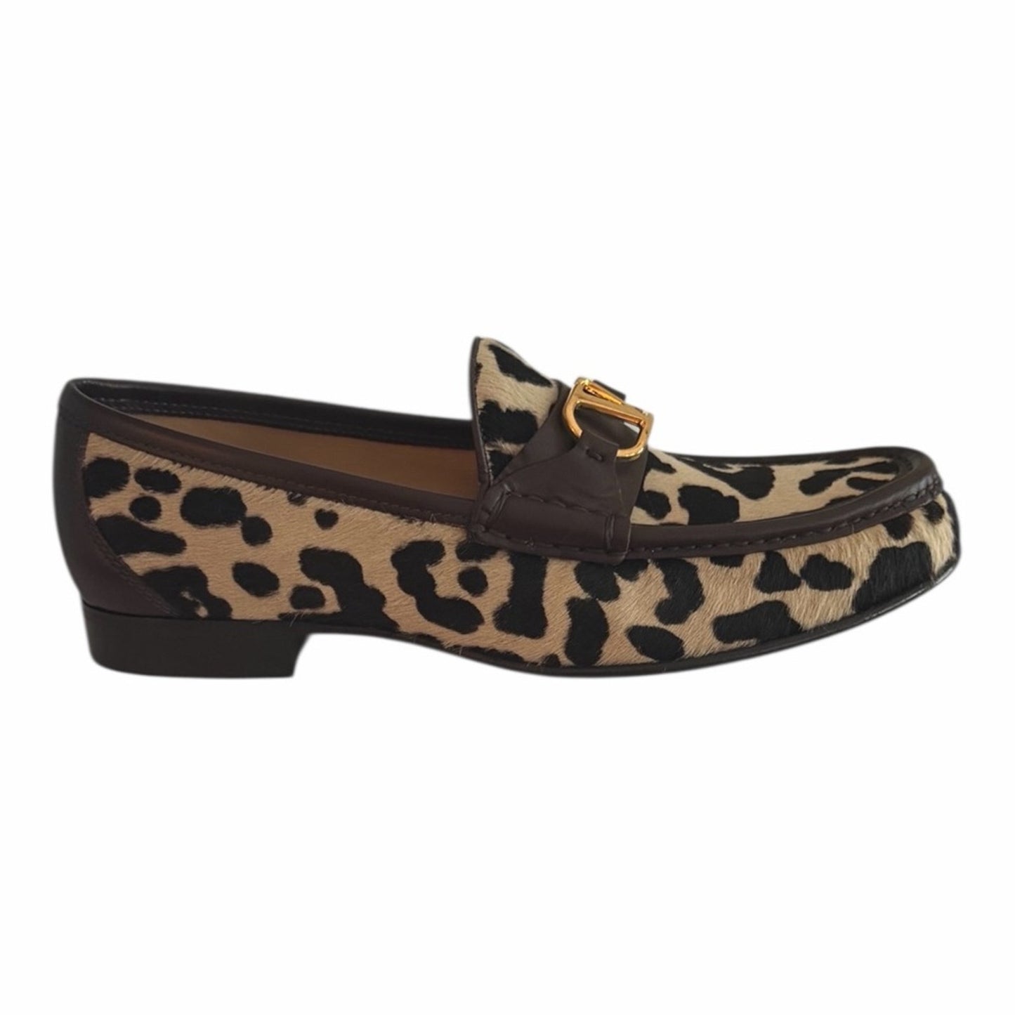 Valentino Garavani Pony Hair Leopard Loafers 39 Gold V Logo NIB