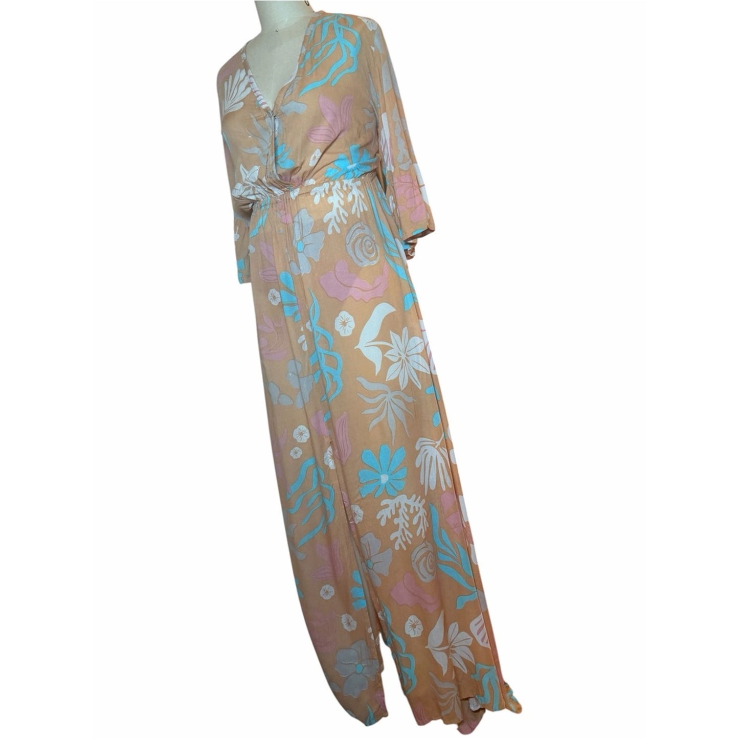 Tiare Hawaii Surry Maxi Dress NWT Brown Aqua Floral Size s/m