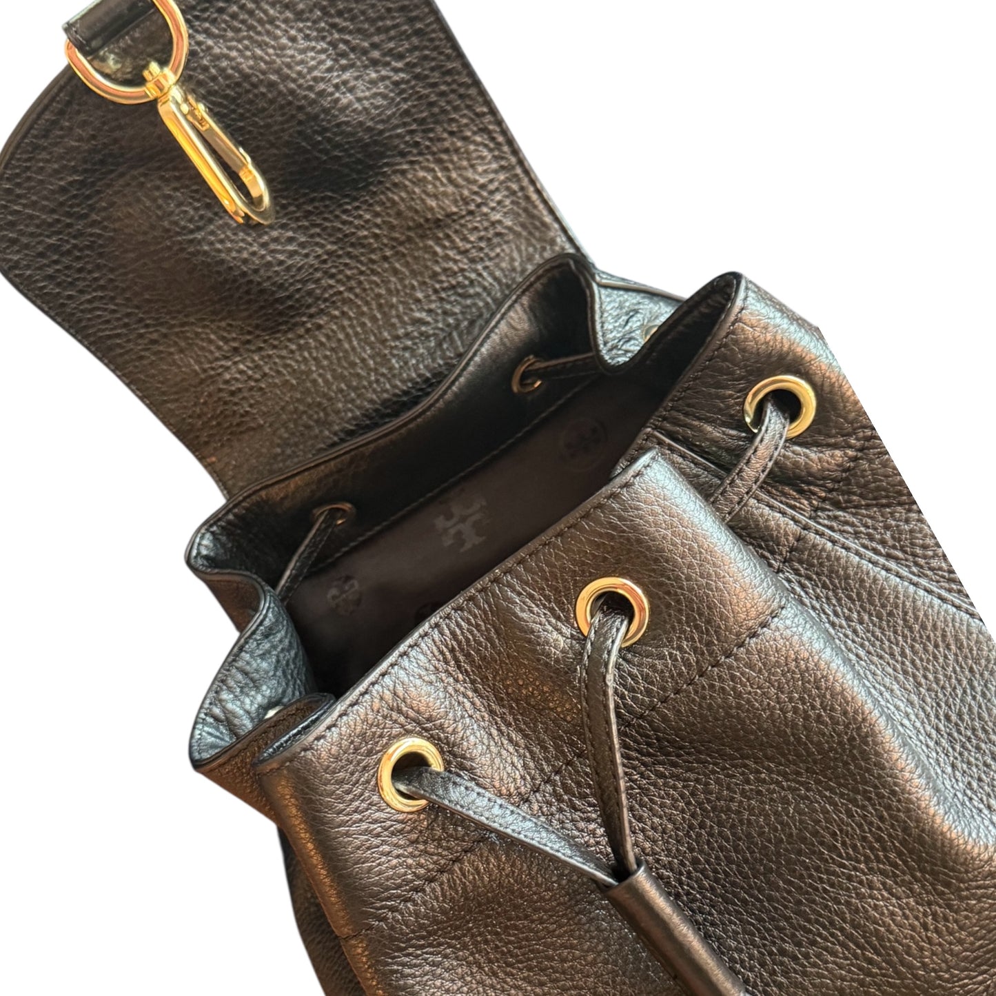 Tory Burch Large Black Pebbled Leather Drawstring Backpack - Gold Hardware