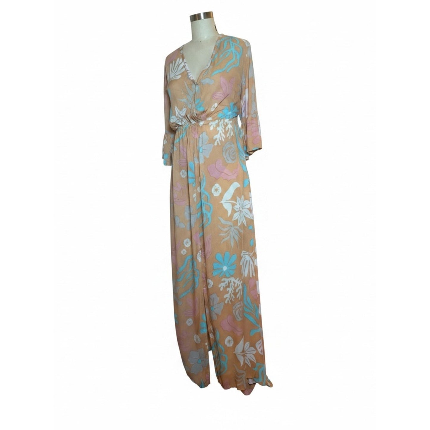 Tiare Hawaii Surry Maxi Dress NWT Brown Aqua Floral Size s/m