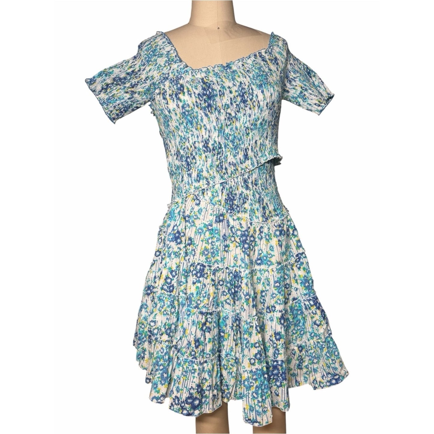 NWT Poupette St Barth Soledad Blue Aquarelle Cotton Plumeti Mini Dress M