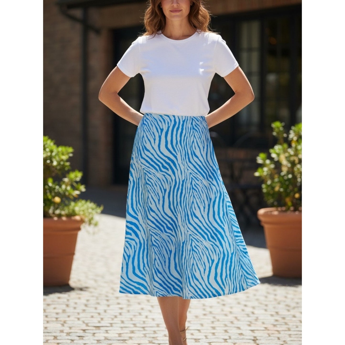 NWT Blue Ivory Zebra Print Midi Skirt Size M Coastal Resort Vacation Style