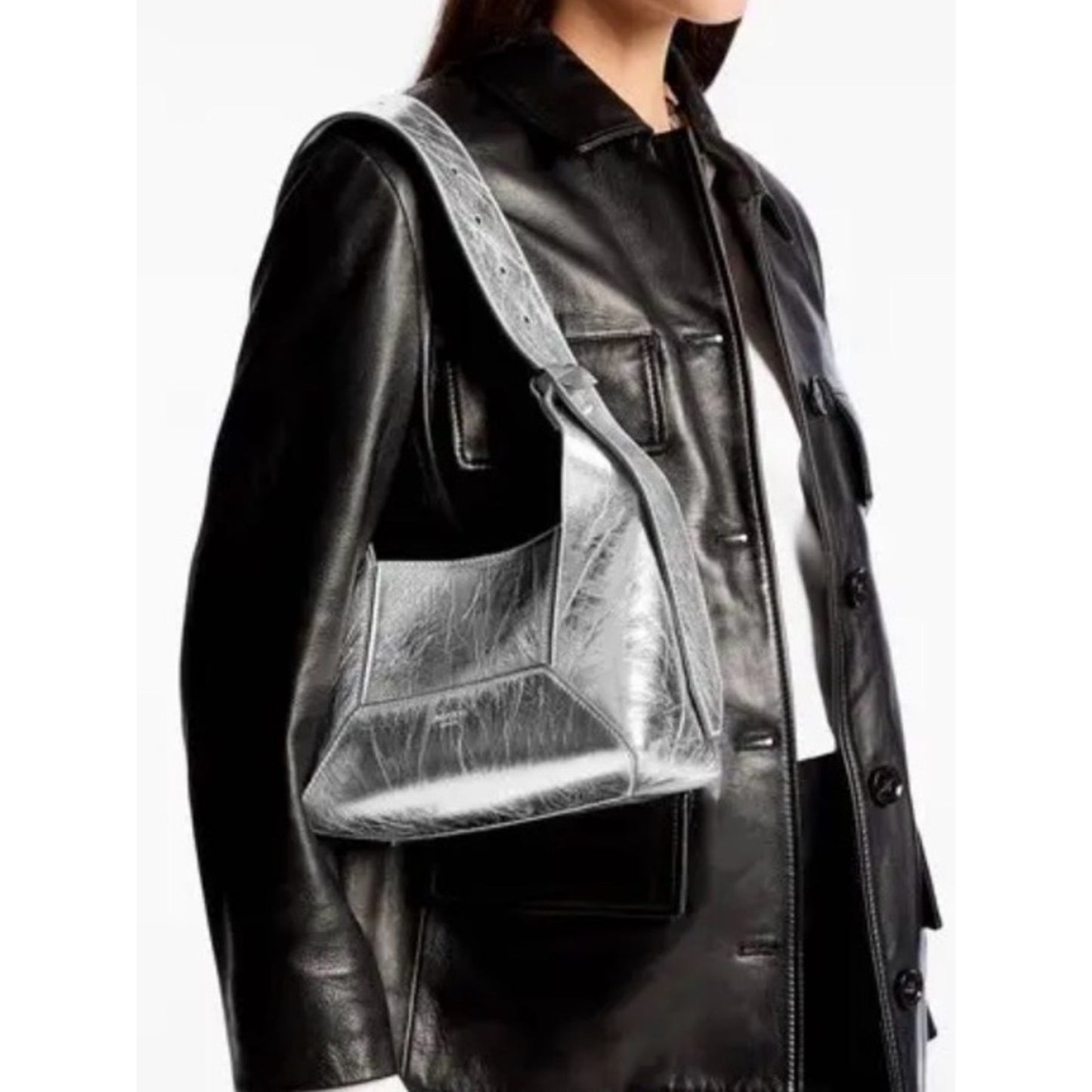 Jimmy Choo Diamond Hobo/S Silver Metallic Leather Shoulder Bag NWT