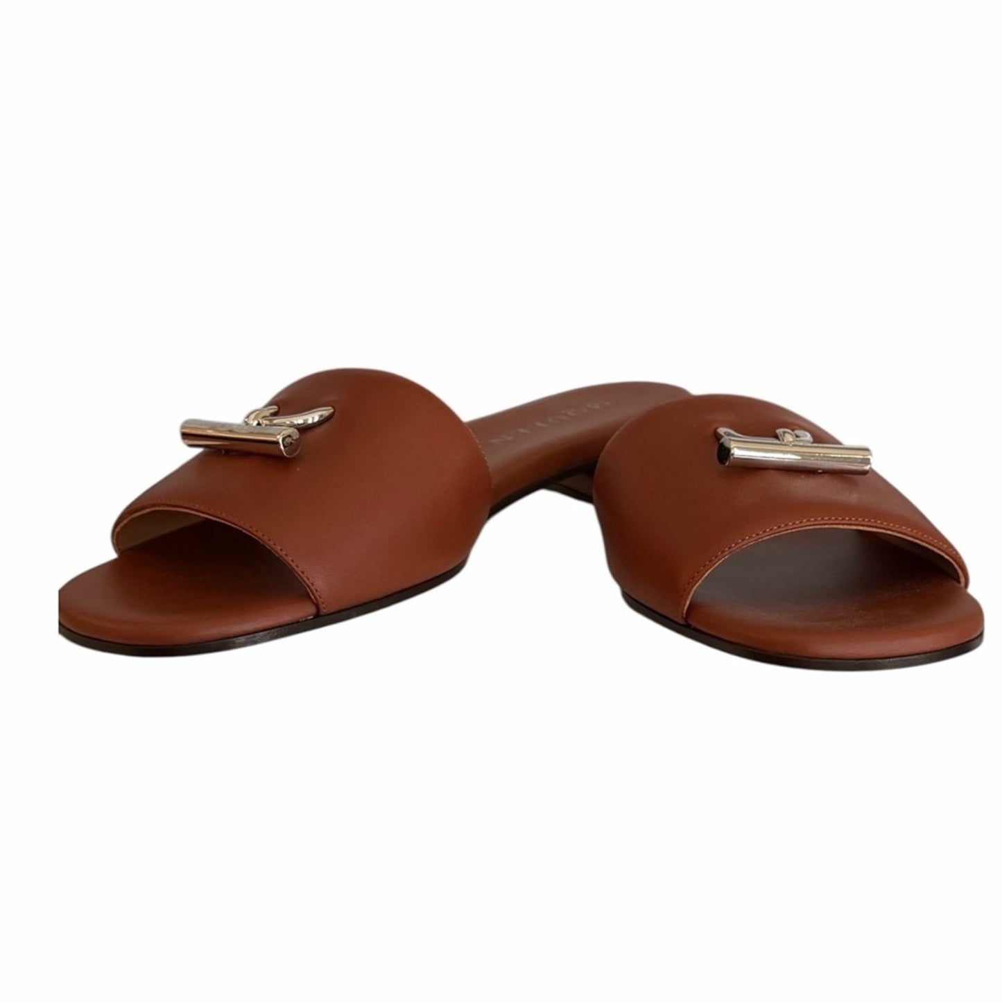 Alexander McQueen T Leather Cognac W/ Gold hardware Slide Sandals Size 38