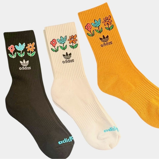 Adidas Originals Floral Crew Socks 3 Pack Women’s M Yellow Black White - NEW