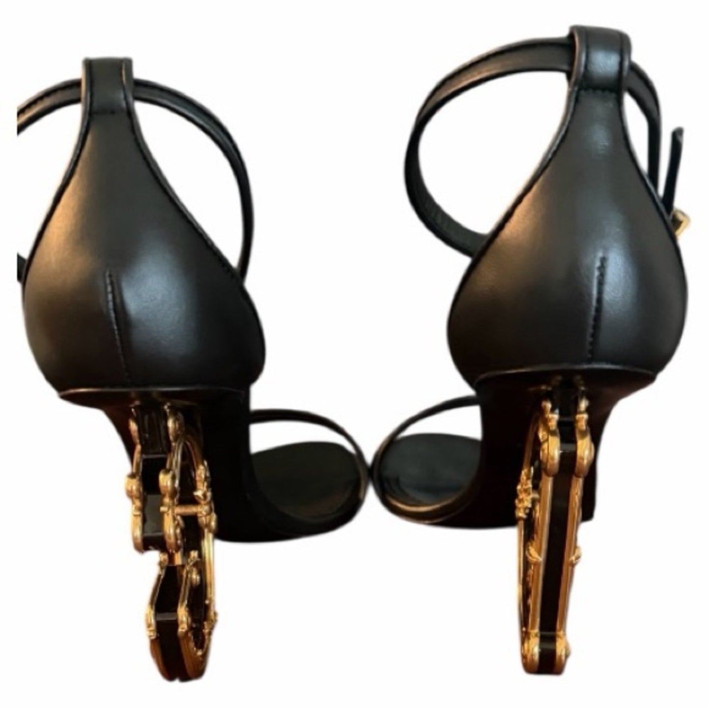 Dolce & Gabbana Black Leather Gold Logo Heel Sandals IT 38 NIB
