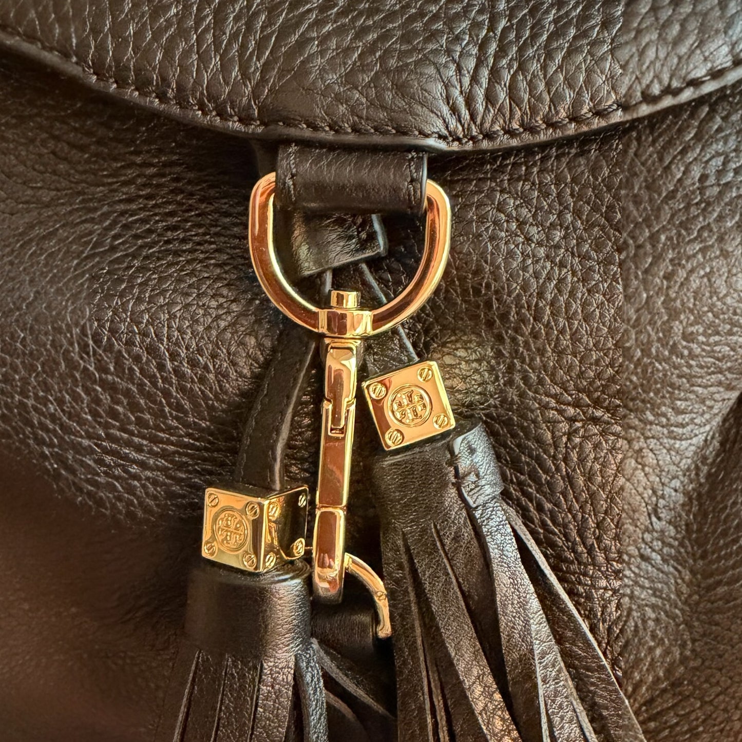 Tory Burch Large Black Pebbled Leather Drawstring Backpack - Gold Hardware