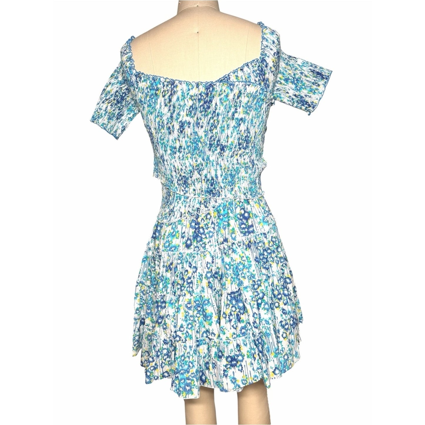 NWT Poupette St Barth Soledad Blue Aquarelle Cotton Plumeti Mini Dress M