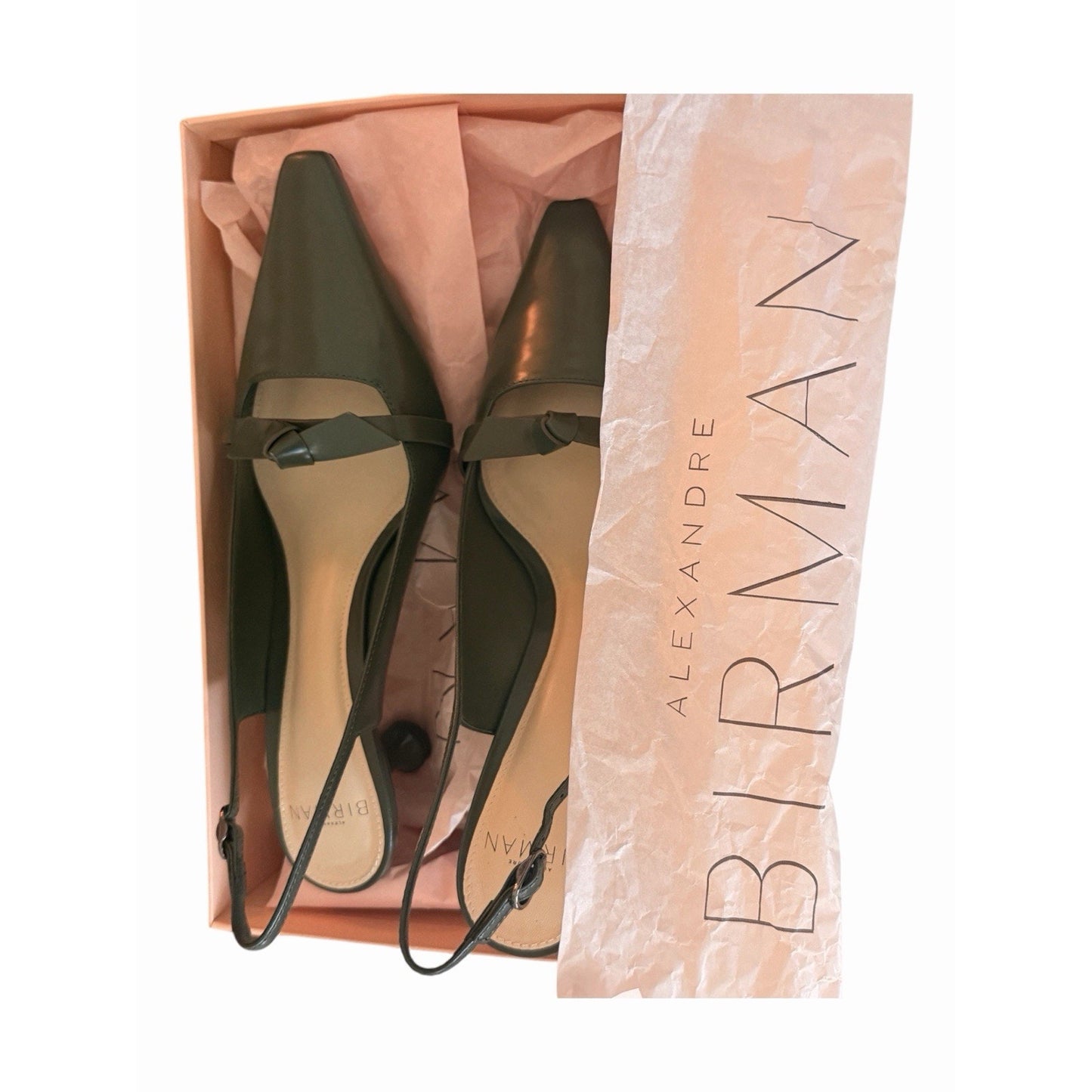 Alexandre Birman Slingback Pumps 37 Green Leather Bow Kitten Heel NIB