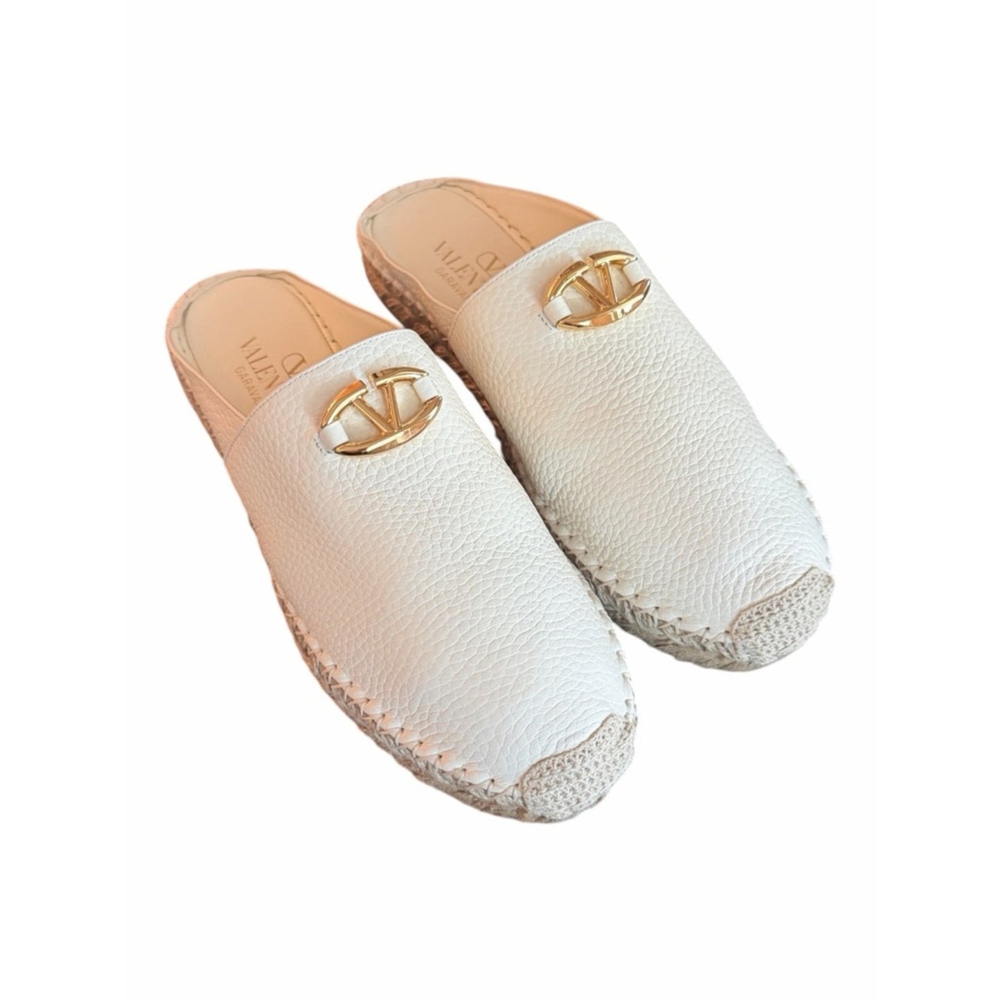 Valentino Garavani V Logo Leather Mule Espadrilles Ivory W/ Gold Logo EU 38 NIB