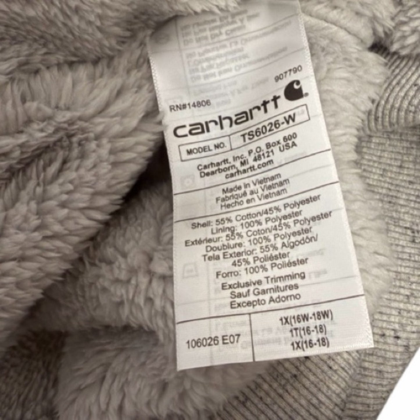 Carhartt Women's 1XL Sherpa Lined Full Zip Hoodie Jacket Gray NWT