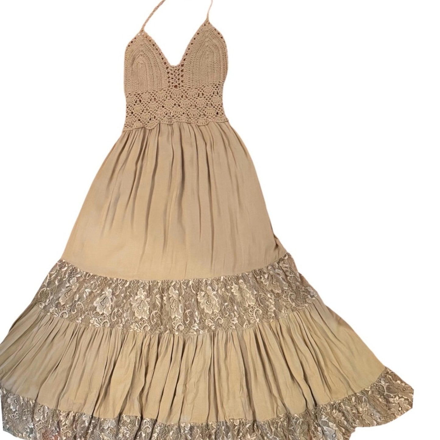 Tiare Hawaii Isabel Macrame Maxi Dress Crochet Halter Lace Boho Resort NWT S/M