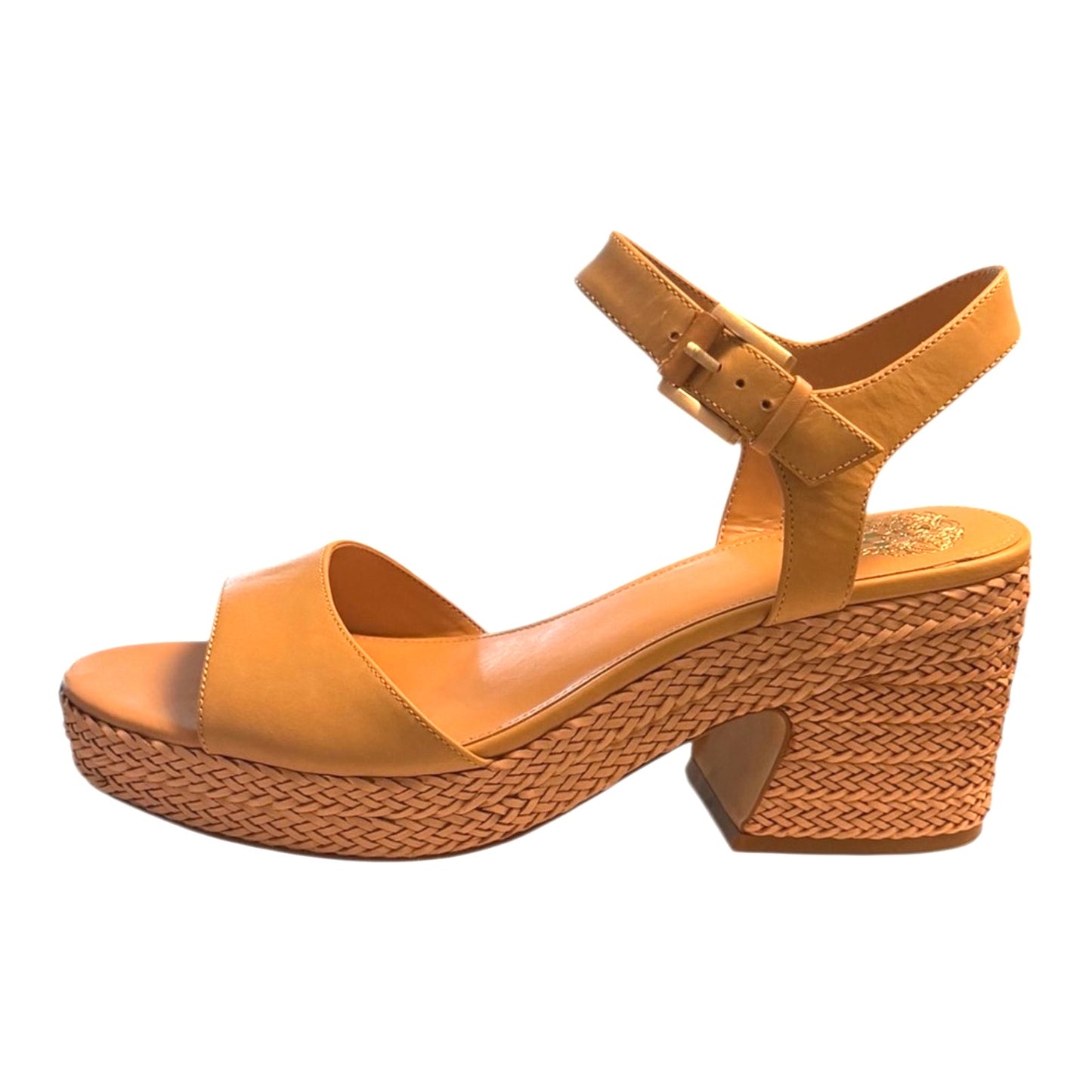 Vince Camuto Ranneli Platform Sandals 9.5 Sandstone Leather Woven Heel NIB
