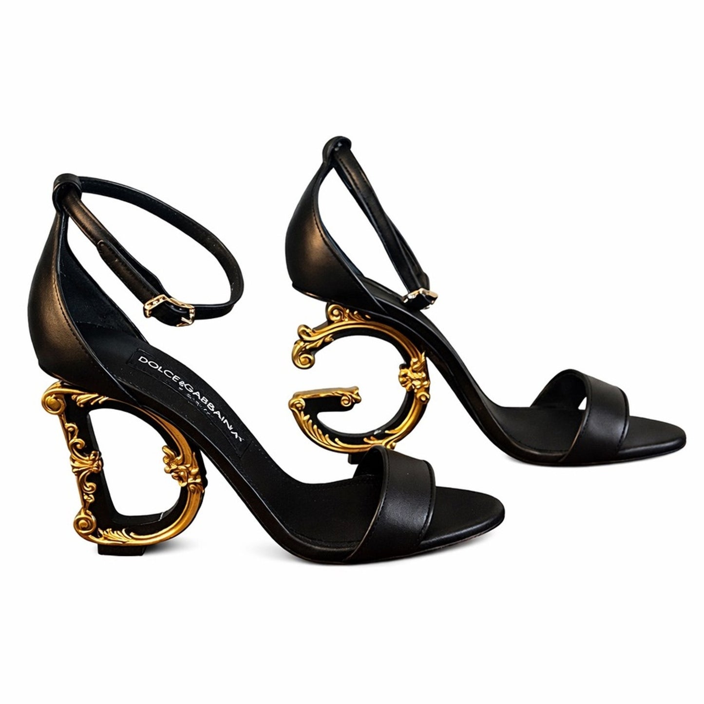 Dolce & Gabbana Black Leather Gold Logo Heel Sandals IT 38 NIB