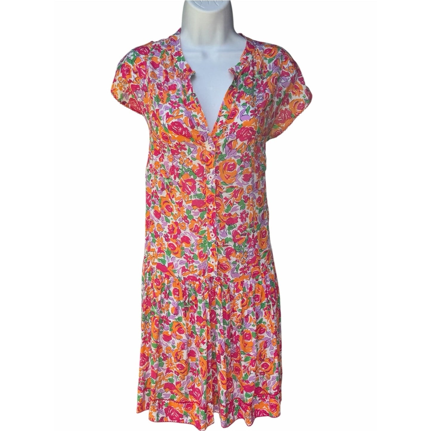 Poupette St. Barth Amora Mini Dress Orange Rose Floral NWT Large Button Front
