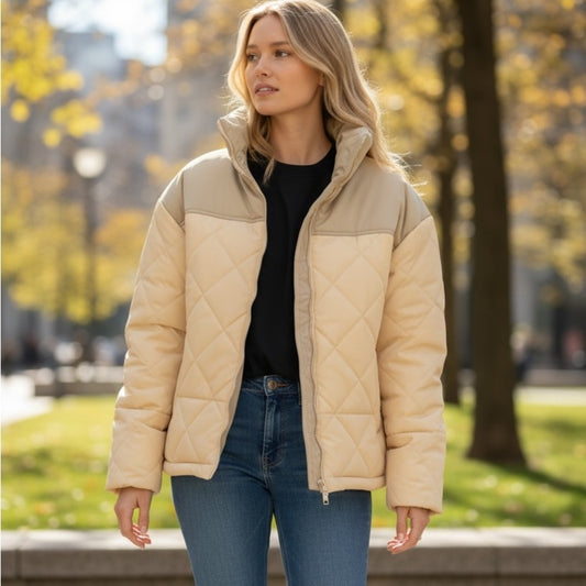 We Wore What Puffer Jacket in Beige/ Sage Color Blocked Women's Size XS NWT