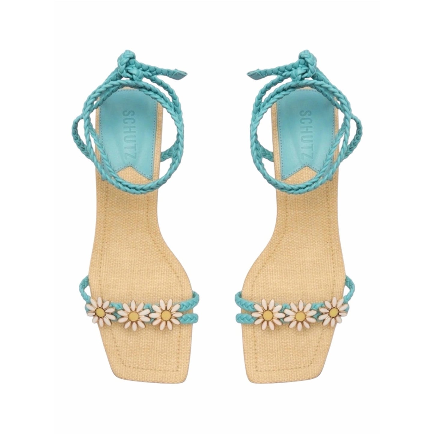 Schutz Hina Mid Daisy Raffia Lace-Up Block Heel Sandals NIB Dust Bag Size 9.5