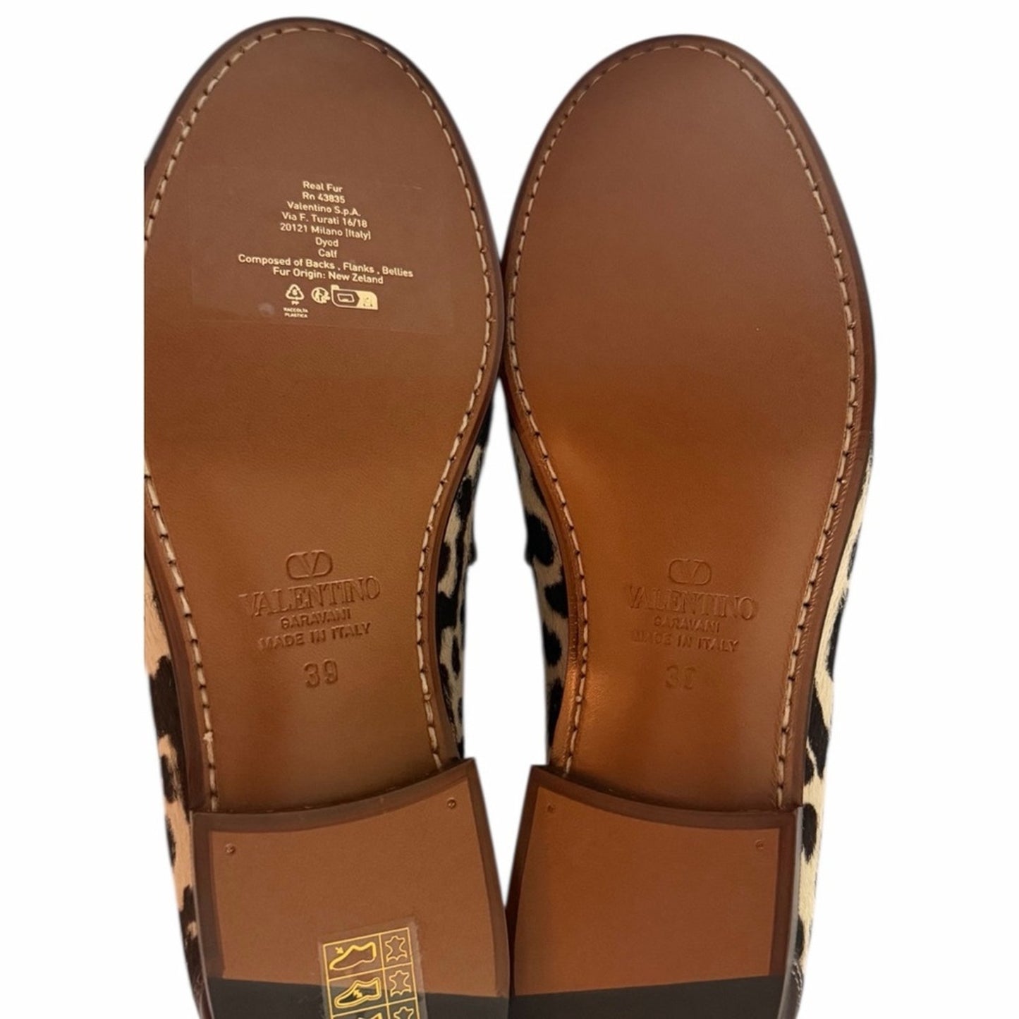 Valentino Garavani Pony Hair Leopard Loafers 39 Gold V Logo NIB