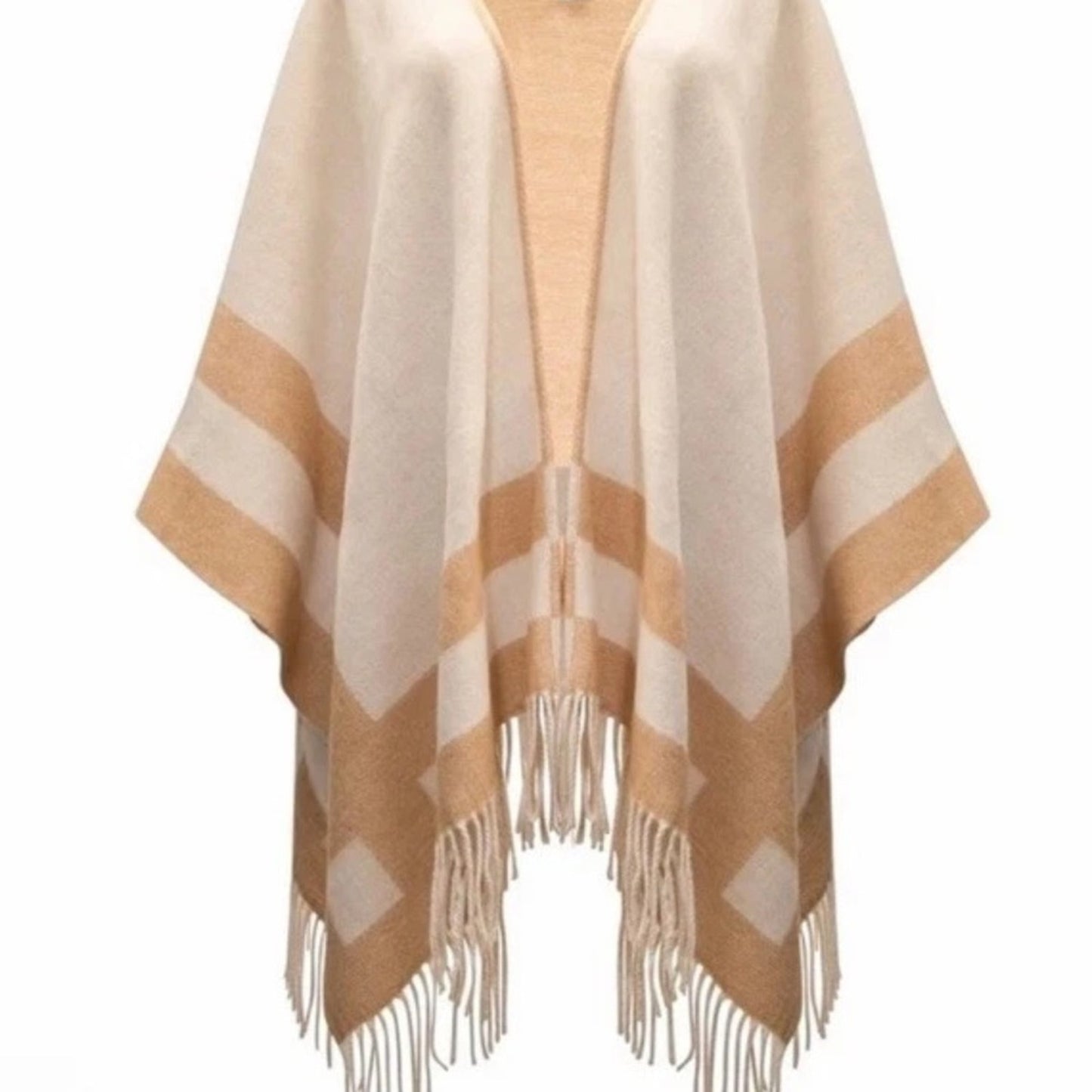 NWT Ted Baker Veruschka Reversible Poncho Wrap Camel Ivory Fringe OS