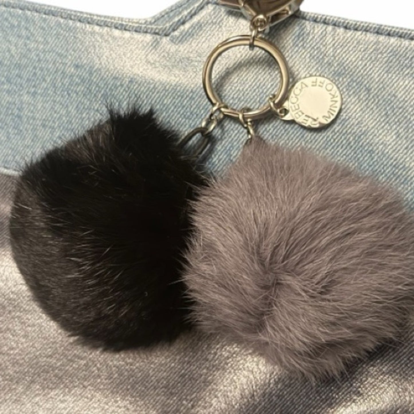 Rebecca Minkoff Black and Gray Pom Pom Key Holder New