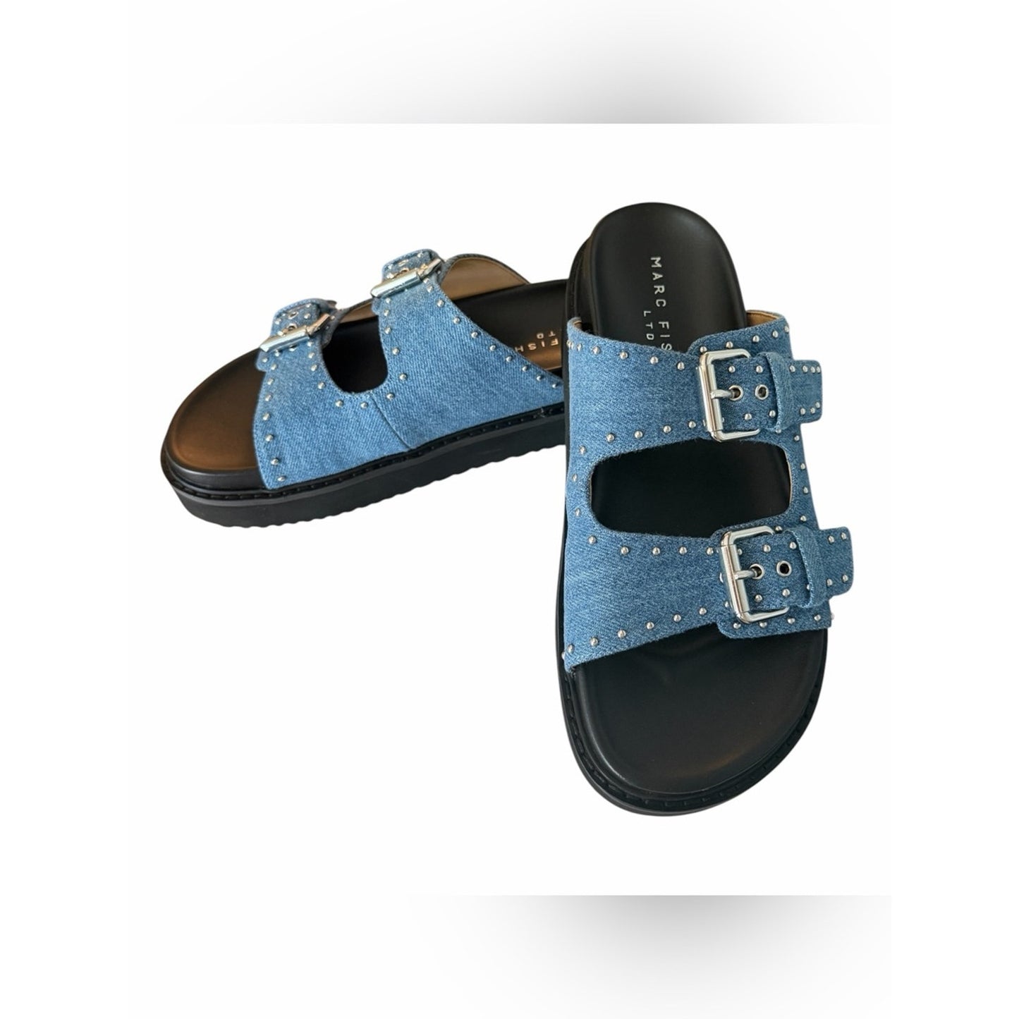 Marc Fisher LTD Agusta Denim Studded Slide Sandals Platform Blue 7.5 NIB