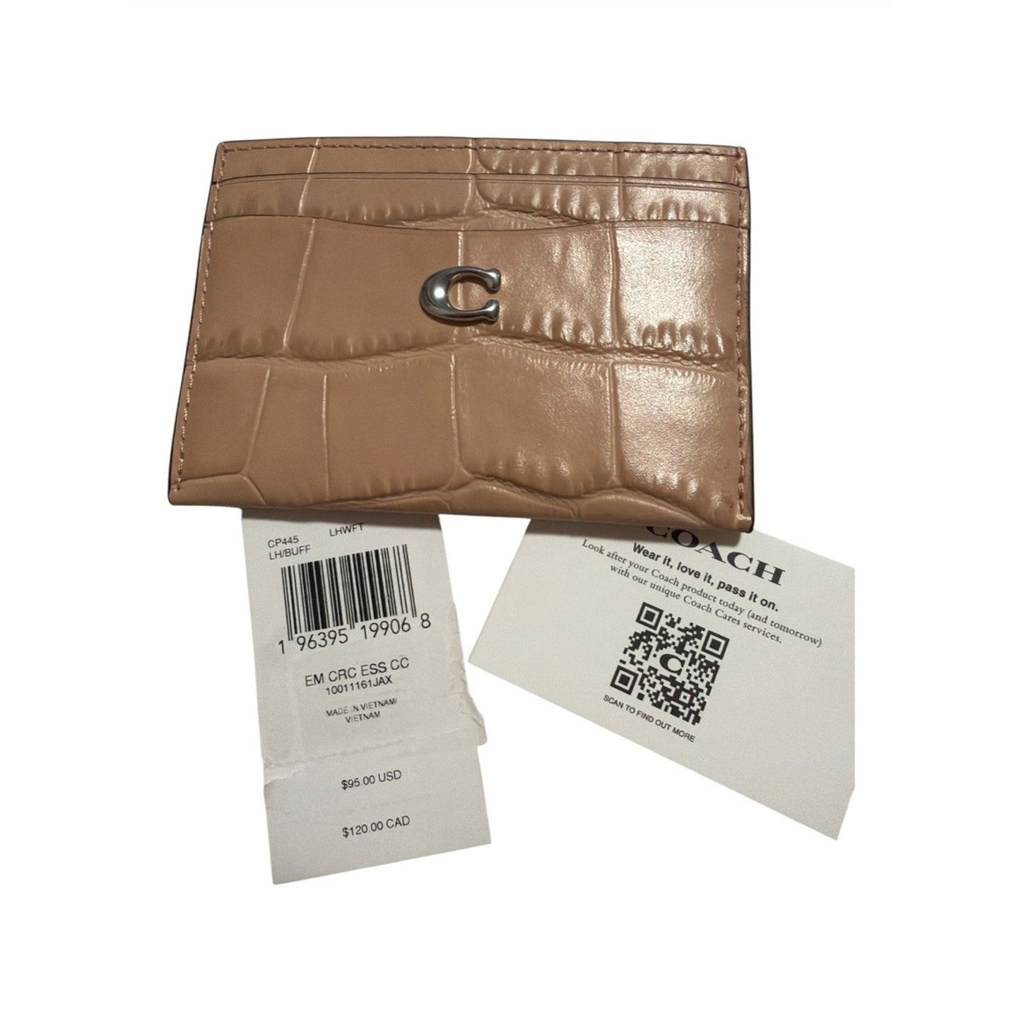 NWT Coach Essential Card Case Buff Croc Embossed Leather Card Holder