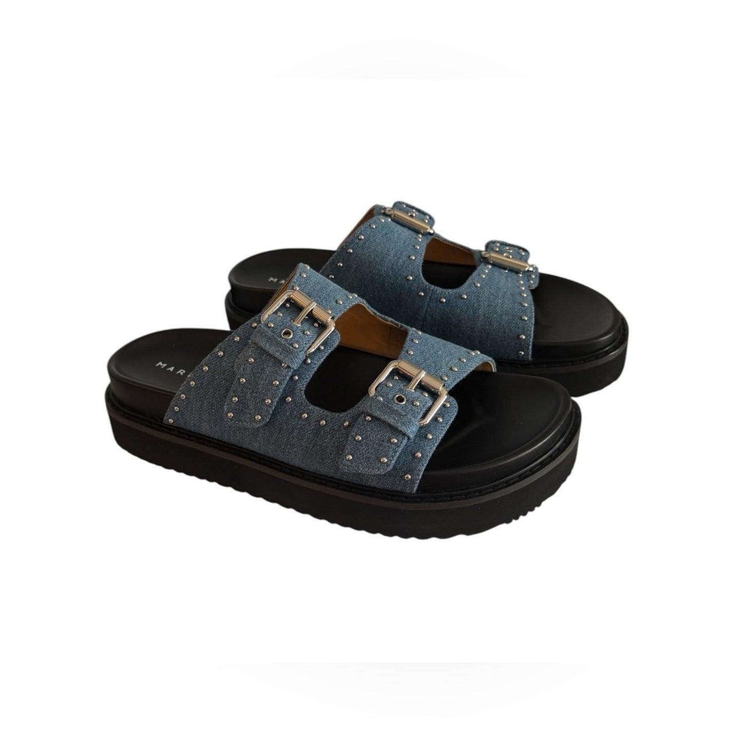 Marc Fisher LTD Agusta Denim Studded Slide Sandals Platform Blue 7.5 NIB