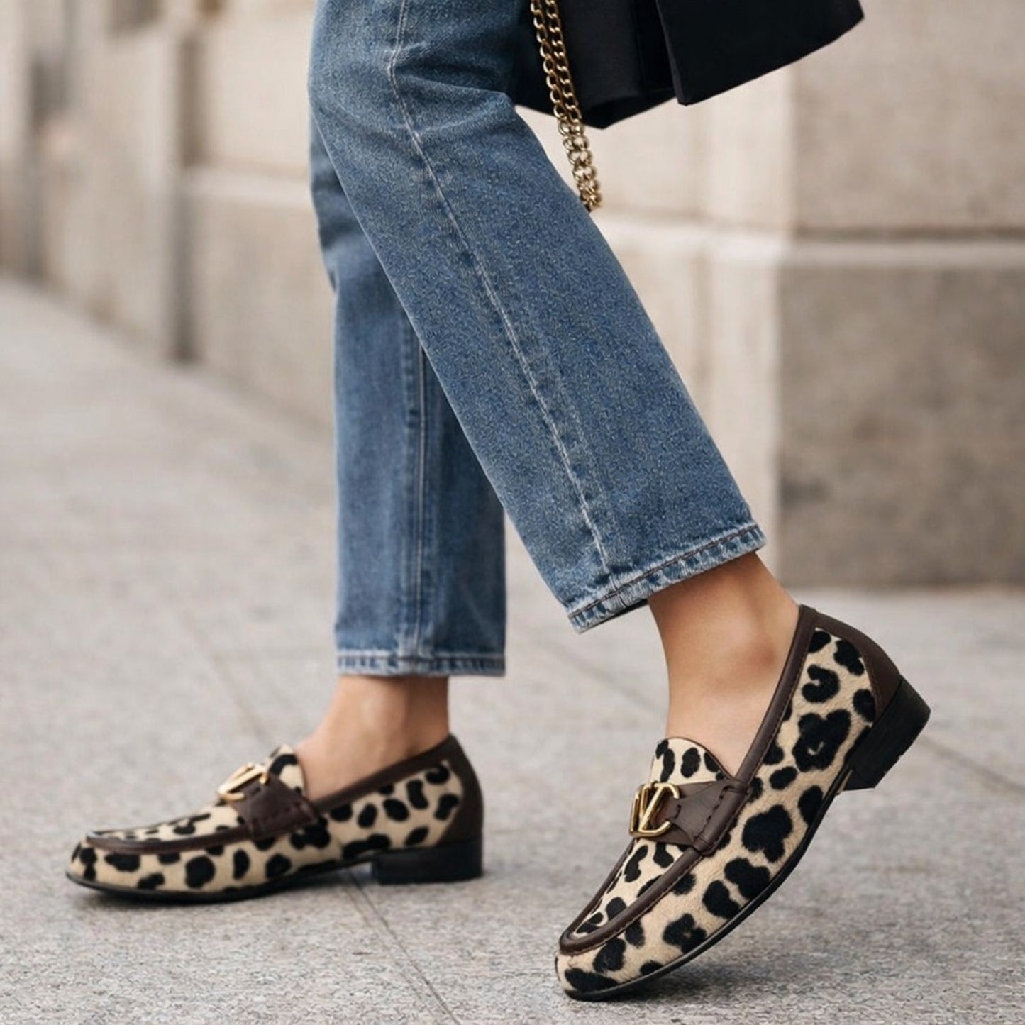 Valentino Garavani Pony Hair Leopard Loafers 39 Gold V Logo NIB