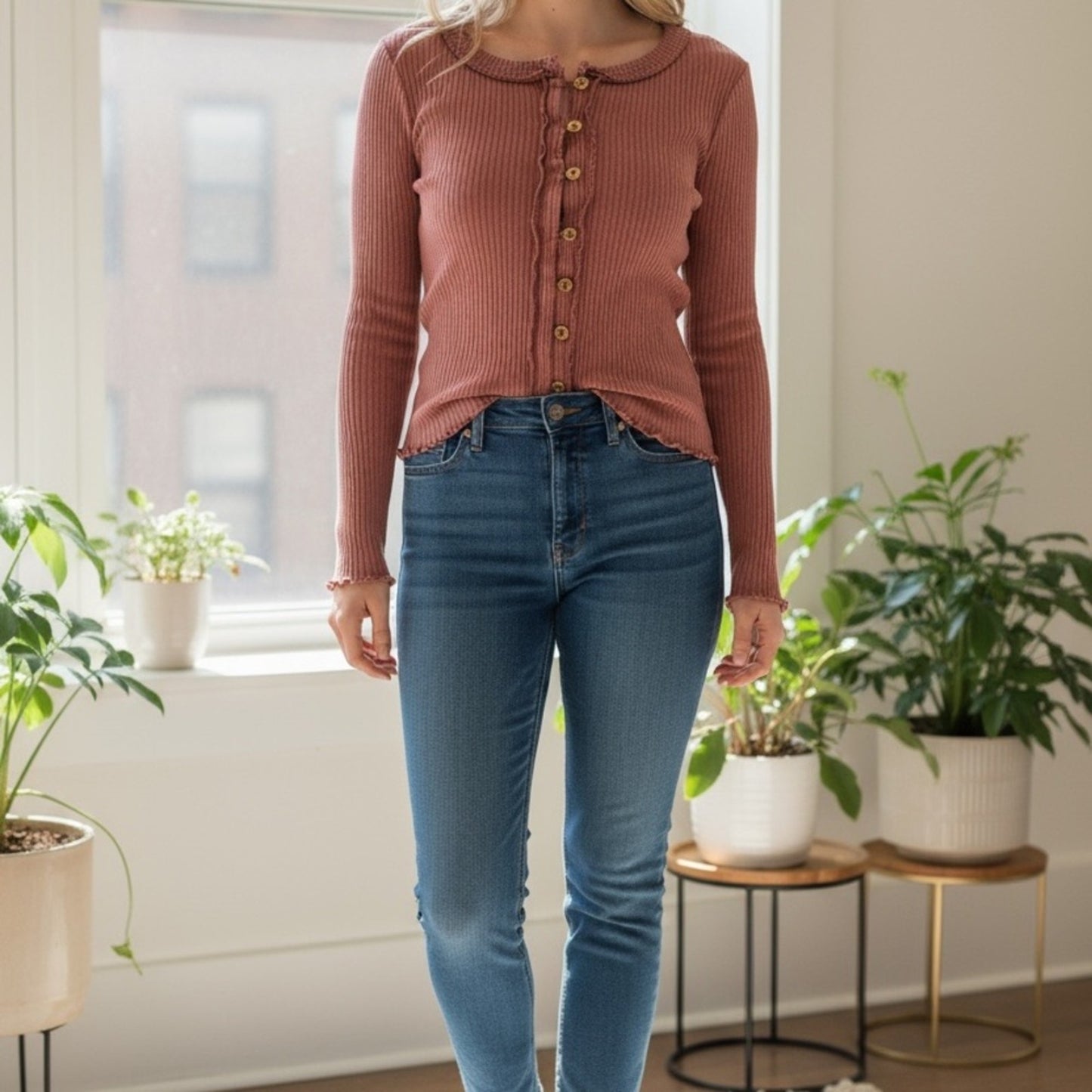 Free People Ribbed Mauve Button-Up Sweater Women's Large NWT