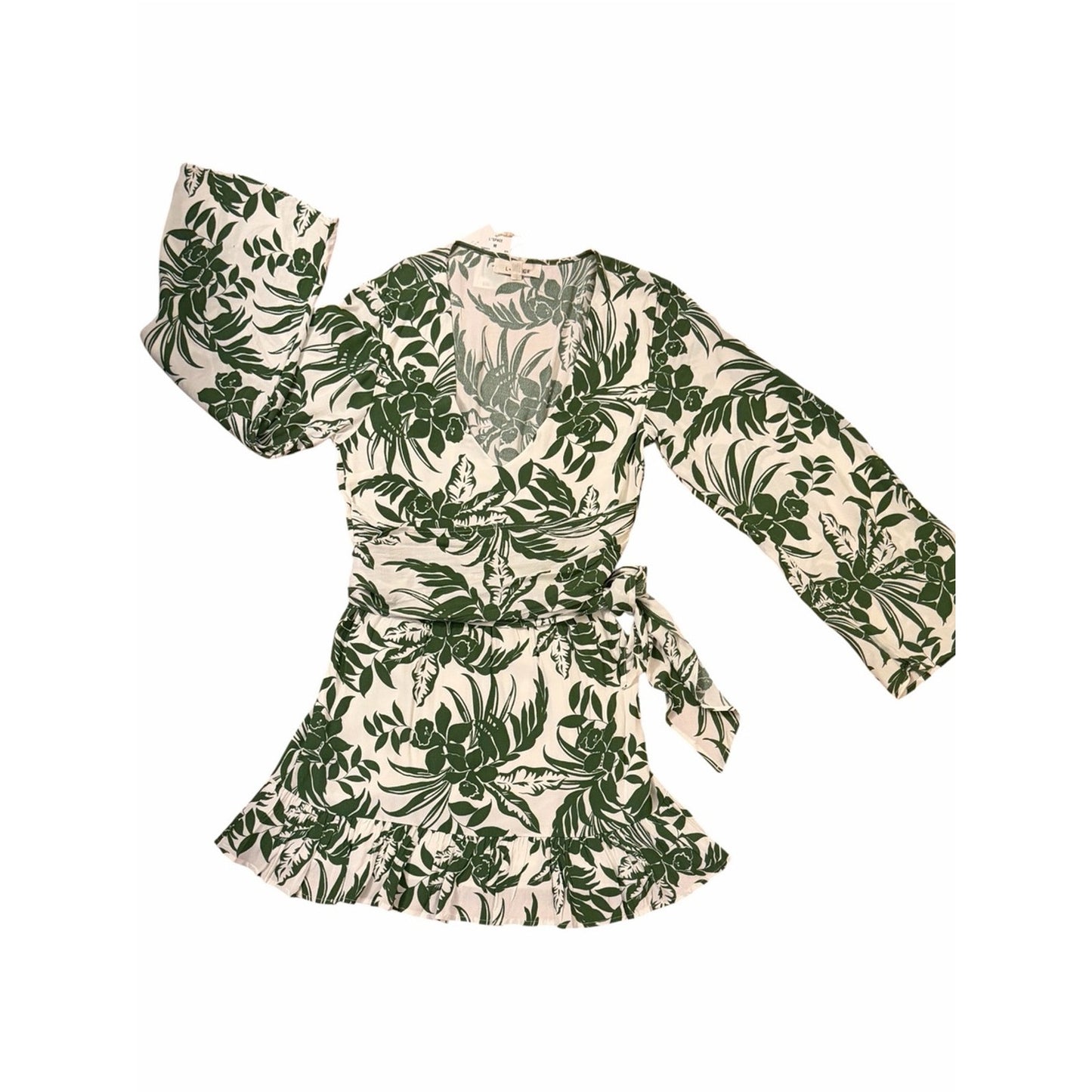 L*SPACE NWT Green Tropical Belted Mini Dress Medium Bell Sleeve Resort Vacation