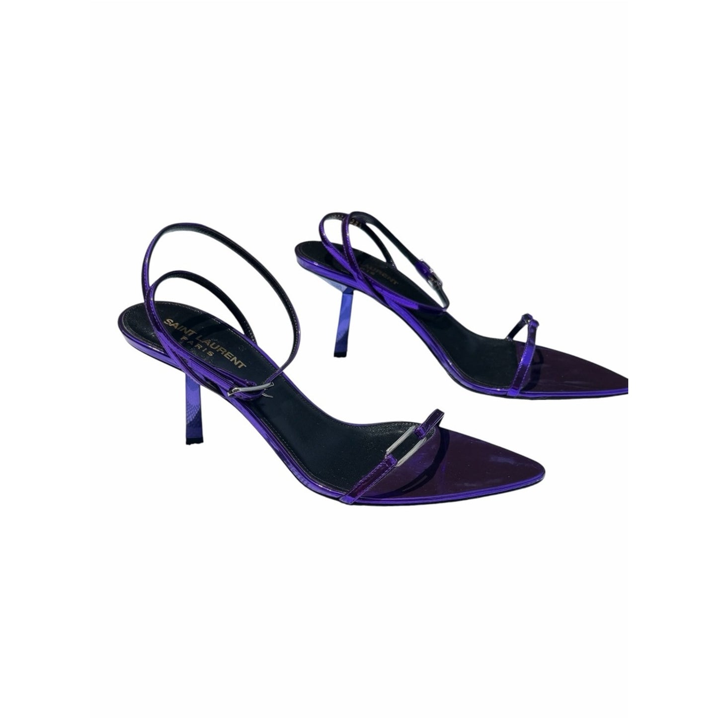 Saint Laurent Kitty 75 Metallic Plum Violet Sandals Heels 38.5 NIB