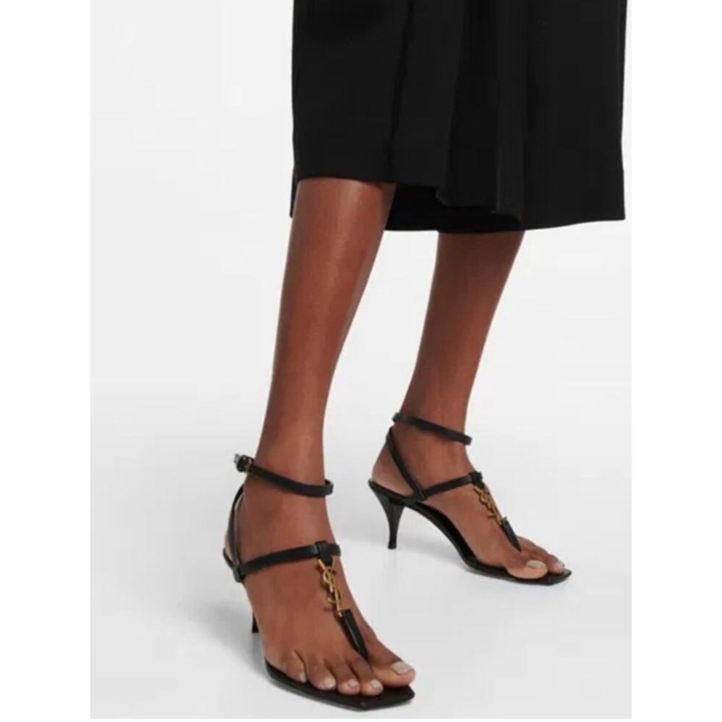 NWT Saint Laurent Cassandra YSL Logo Leather Sandals Black Gold Size 38 Full Set