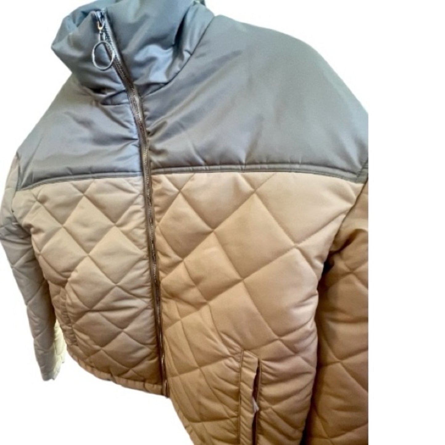 We Wore What Puffer Jacket in Beige/ Sage Color Blocked Women's Size XS NWT