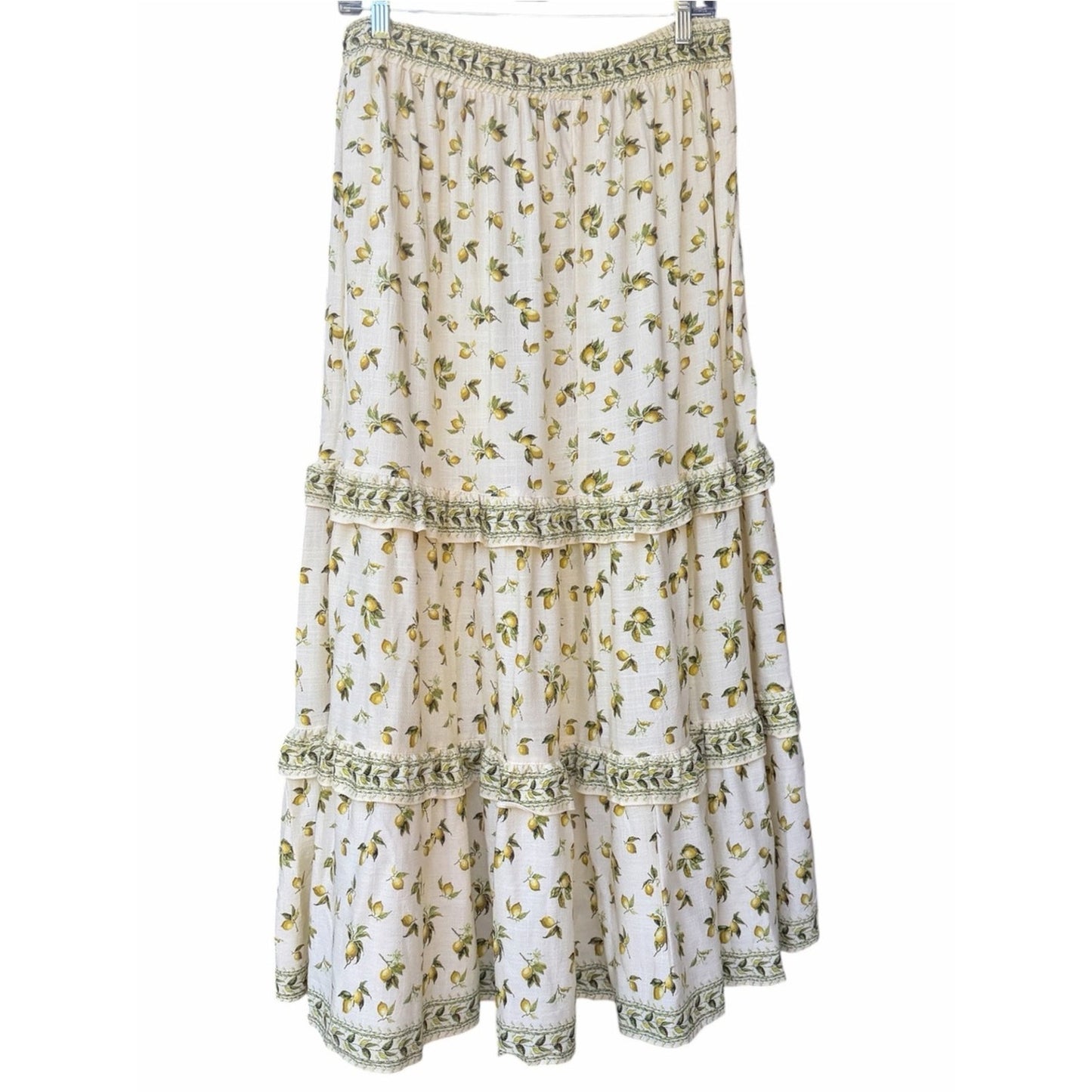 MAX STUDIO London Lemon Citrus Tiered Boho Maxi Skirt XL Coastal Grandma Vibe