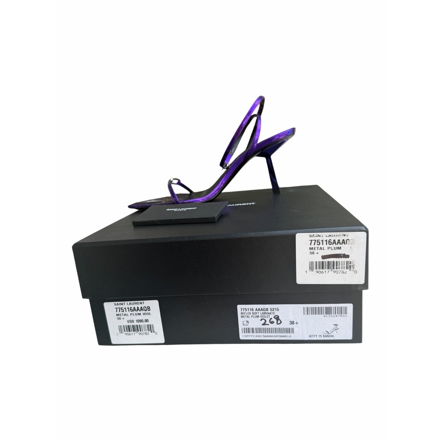 Saint Laurent Kitty 75 Metallic Plum Violet Sandals Heels 38.5 NIB