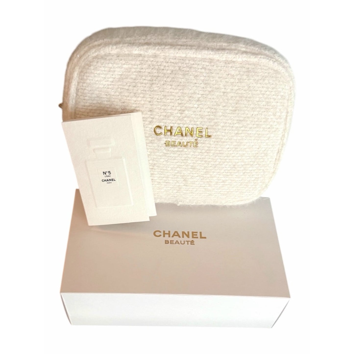 Chanel Beauté Tweed Cosmetic Bag w/ Box + No.5 Sample NWOT Giftable Luxury Pouch