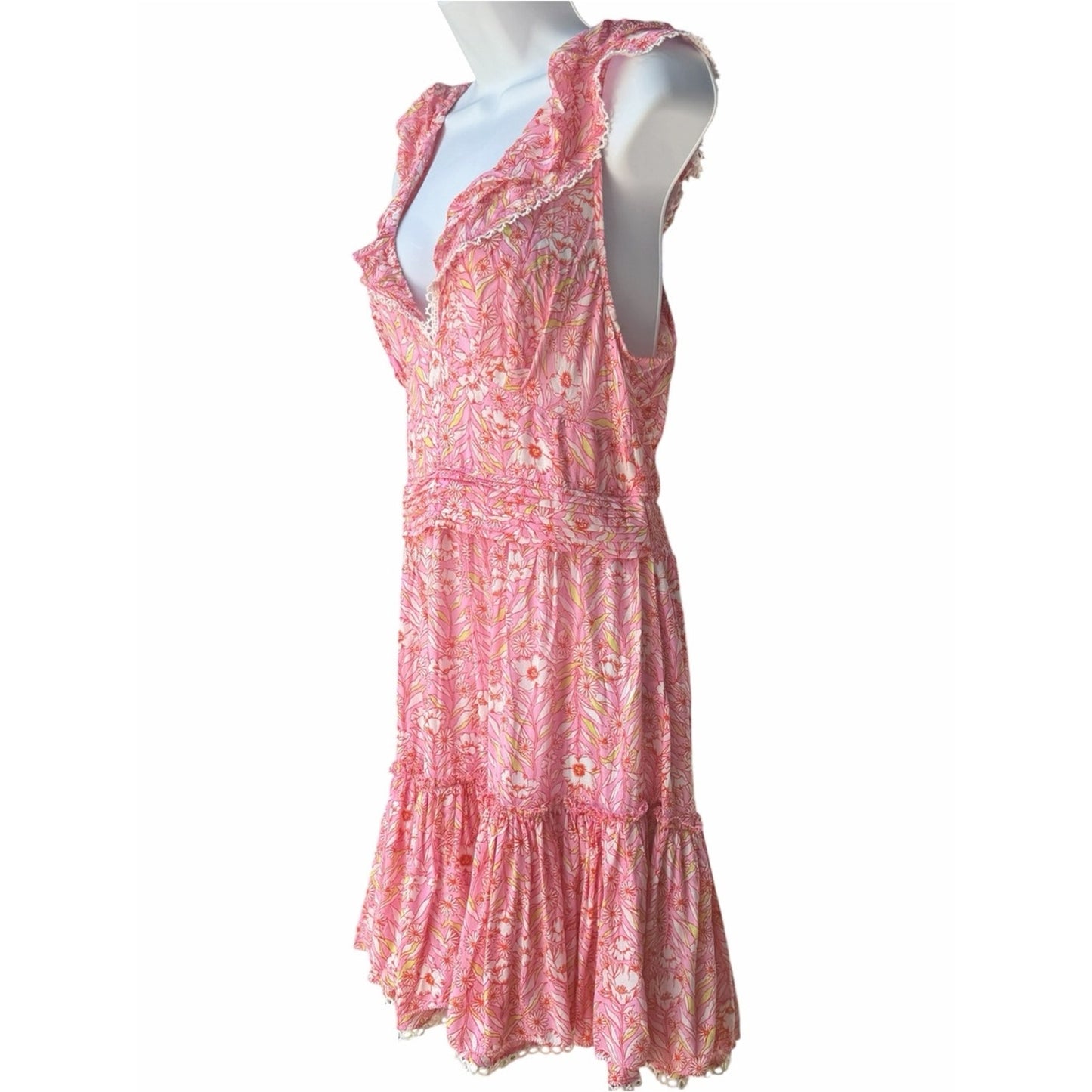 Poupette St. Barth Bruna V Mini Dress – Pink Garland Flowers – Size Large