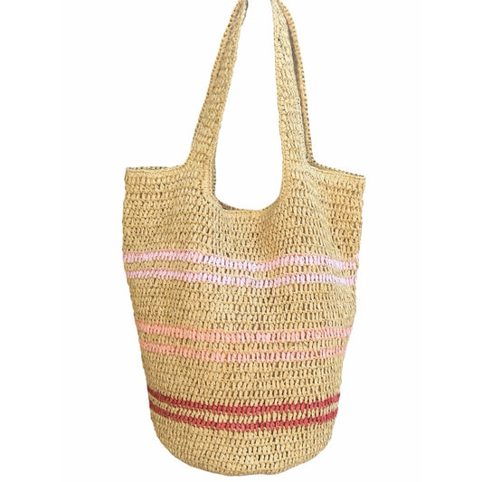 NWT Oversized Straw Beach Tote Pink Stripe Coastal Grandma Resort Bag