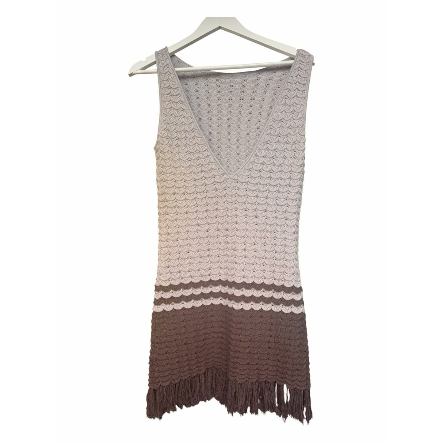 Torn by Ronny Kobo Sand & Cocoa Fringe Knit Dress Medium NWT Coastal Luxury