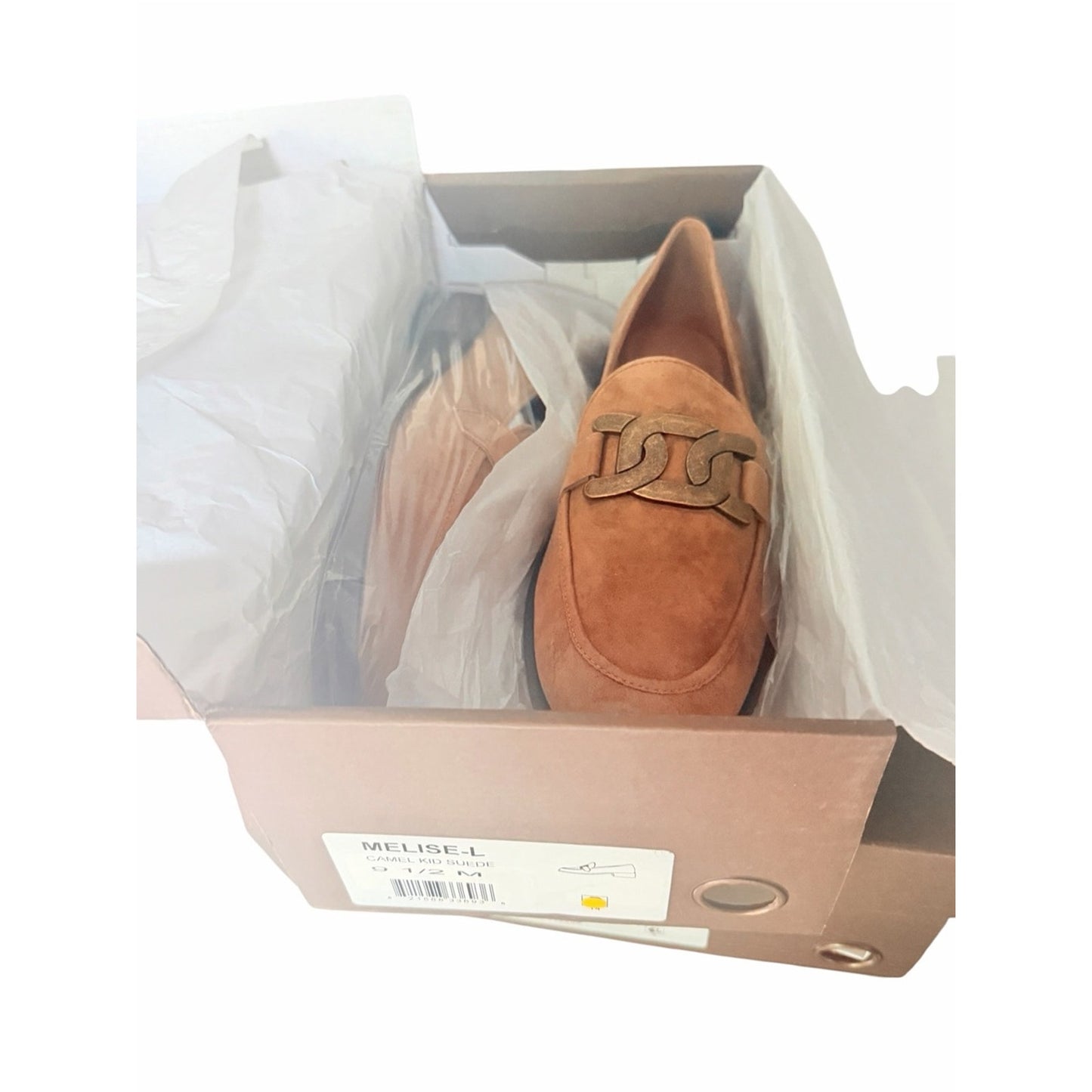 Linea Paolo Melise Camel Kid Suede Chain Loafers NIB Size 9.5
