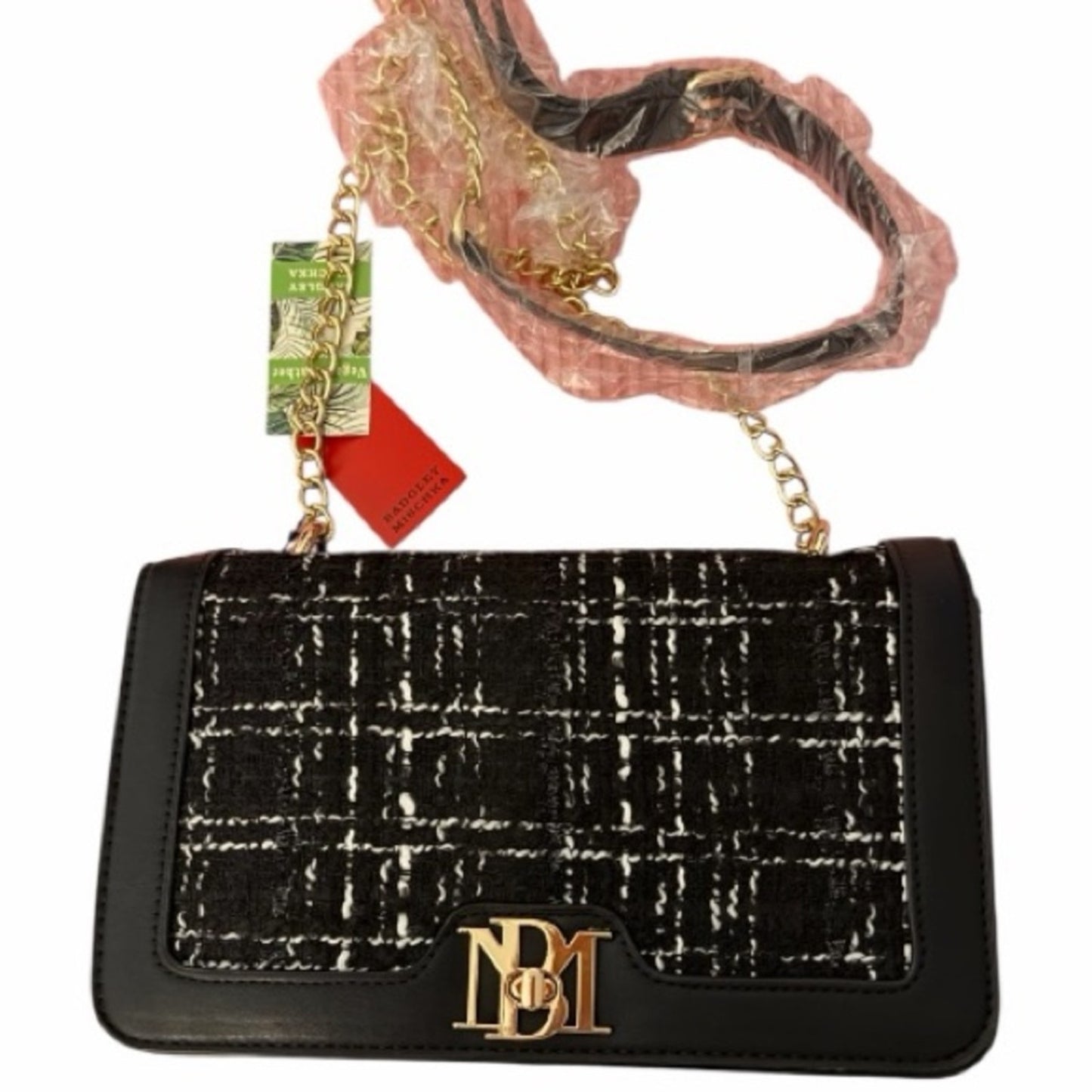 Badgley Mischka Wool Tweed Frame Crossbody Bag Black NWT