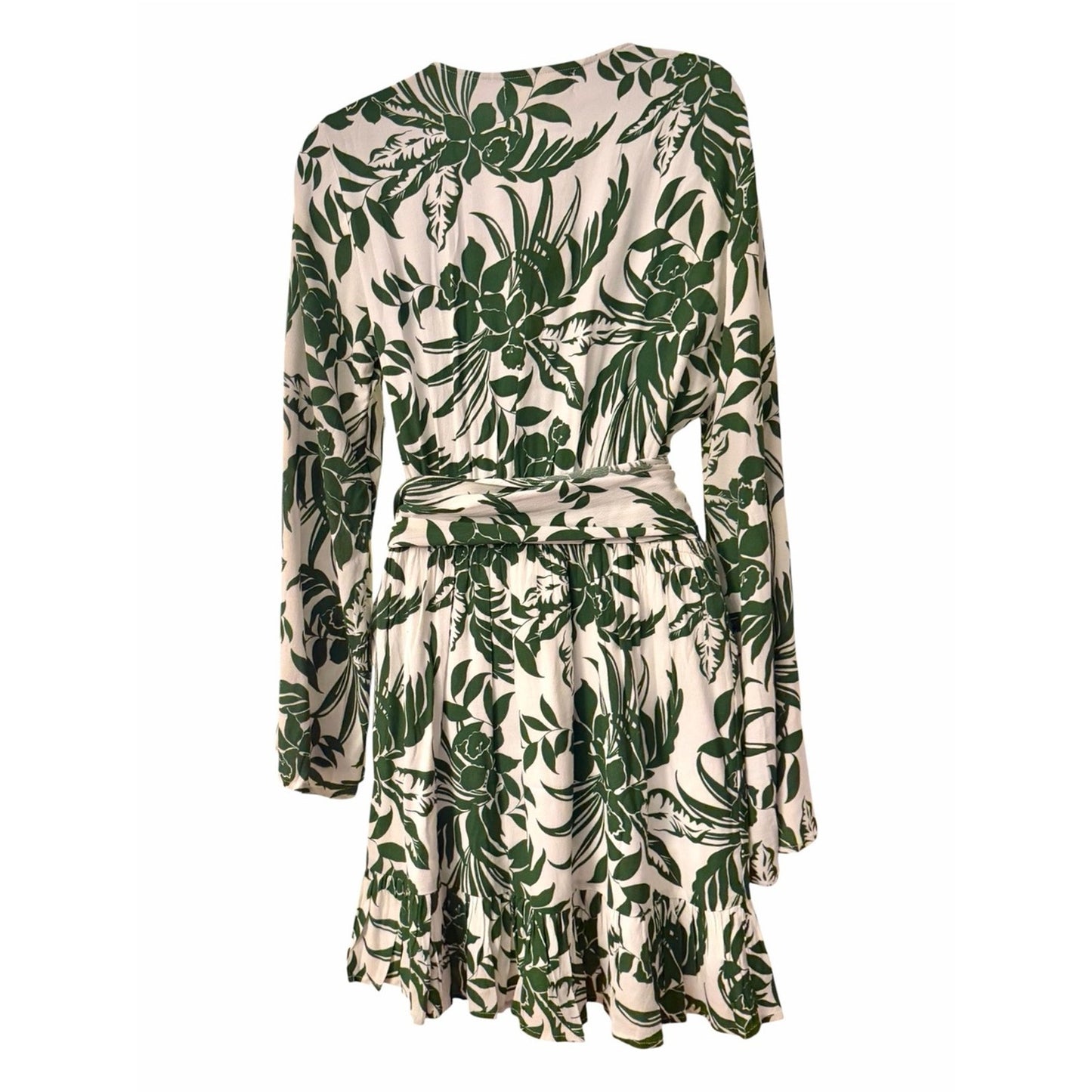 L*SPACE NWT Green Tropical Belted Mini Dress Medium Bell Sleeve Resort Vacation