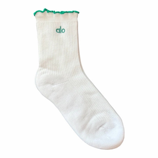 Alo Yoga Ruffle Crew Socks S/M White w Green Trim
