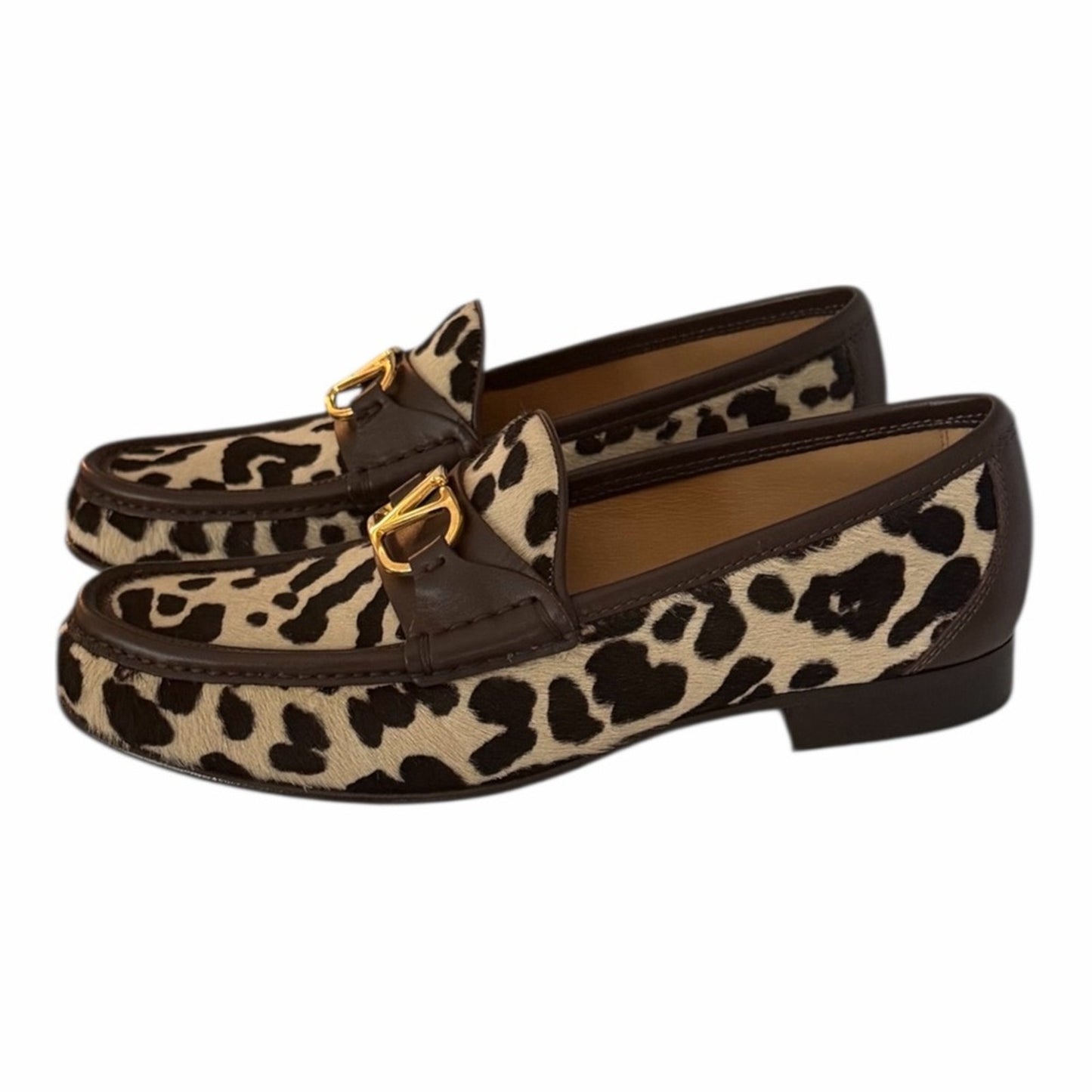 Valentino Garavani Pony Hair Leopard Loafers 39 Gold V Logo NIB