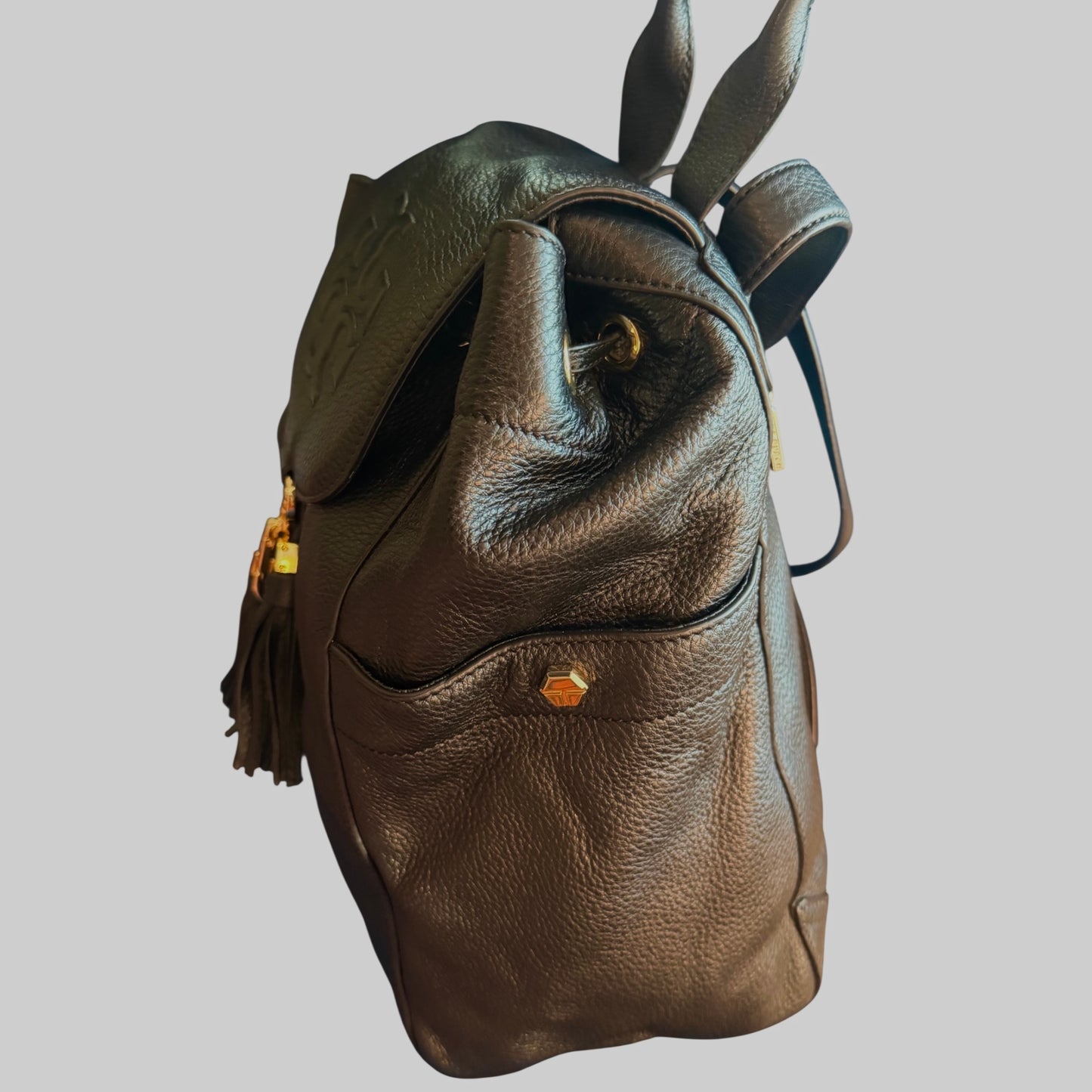 Tory Burch Large Black Pebbled Leather Drawstring Backpack - Gold Hardware