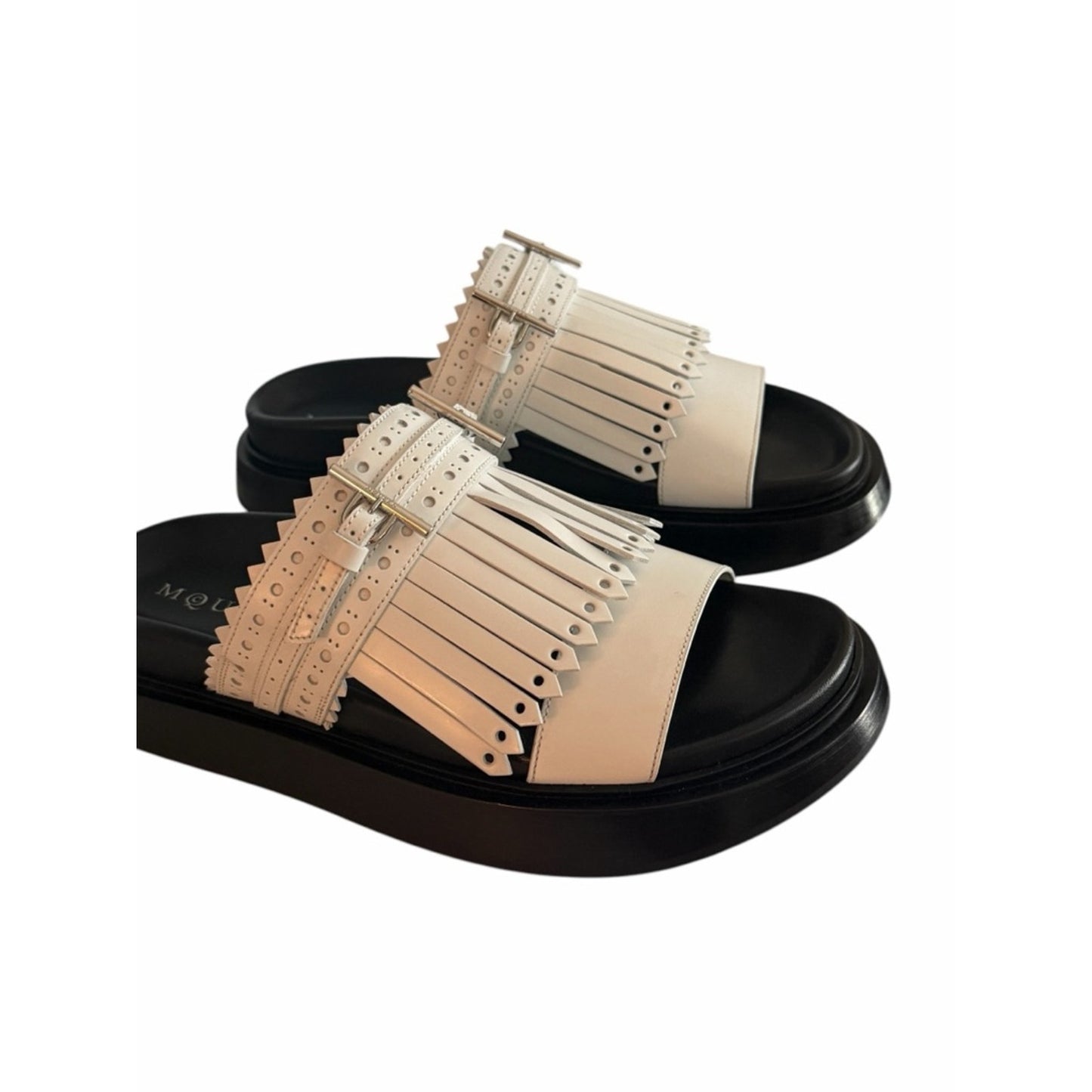 Alexander McQueen Fringe Slide Sandals White Silver Leather EU 39 NIB MSRP $990