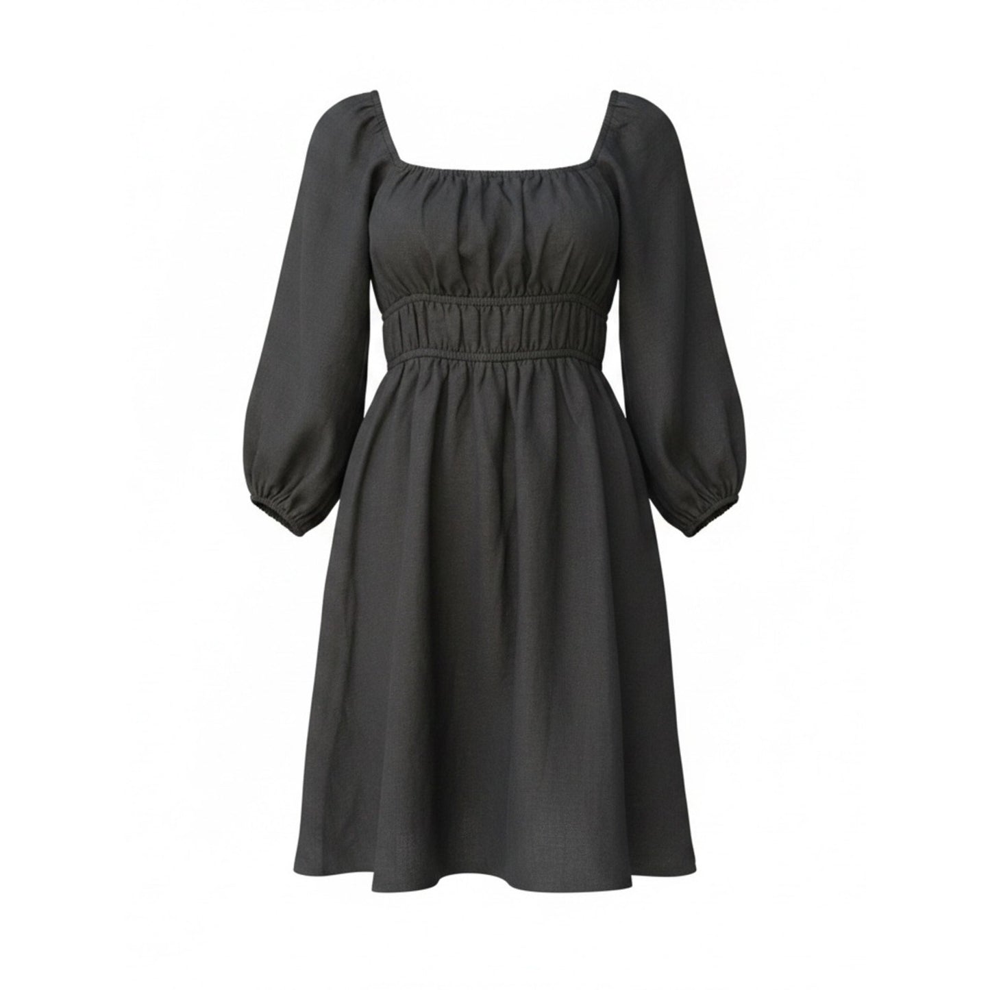 Hermoza Lala Cinched Mini Dress Black NWT Linen Blend Puff Sleeve Size S
